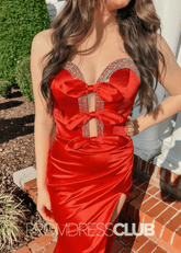 Hulda | Mermaid Strapless Bow Pleated Red Long Prom Dress - Red - PromDressClub